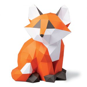 Baby Fox 3D Model Craft Kit contains 9 sheets of 270gsm card with printed templates, high adhesion craft gluem, sticks for glue application, scissors and scoring tools - FKA021