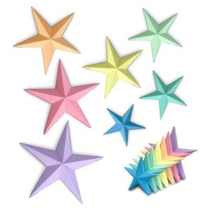 3D Model Kit - Seven Pastel Stars contains sheets of 270gsm card with printed templates, high adhesion craft glue, sticks for glue application, scissors and scoring tools - FKA028