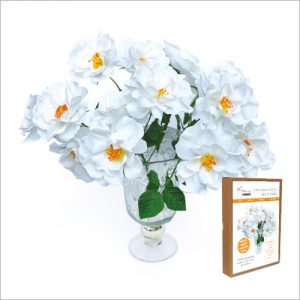 White Roses Floral Craft Kit comes with fine Italian crepe paper, templates, high adhesion craft glue, sticks for glue application, scissors and wire for stems and leaves 15 Roses with 3 Flower heads per stem - FKC004